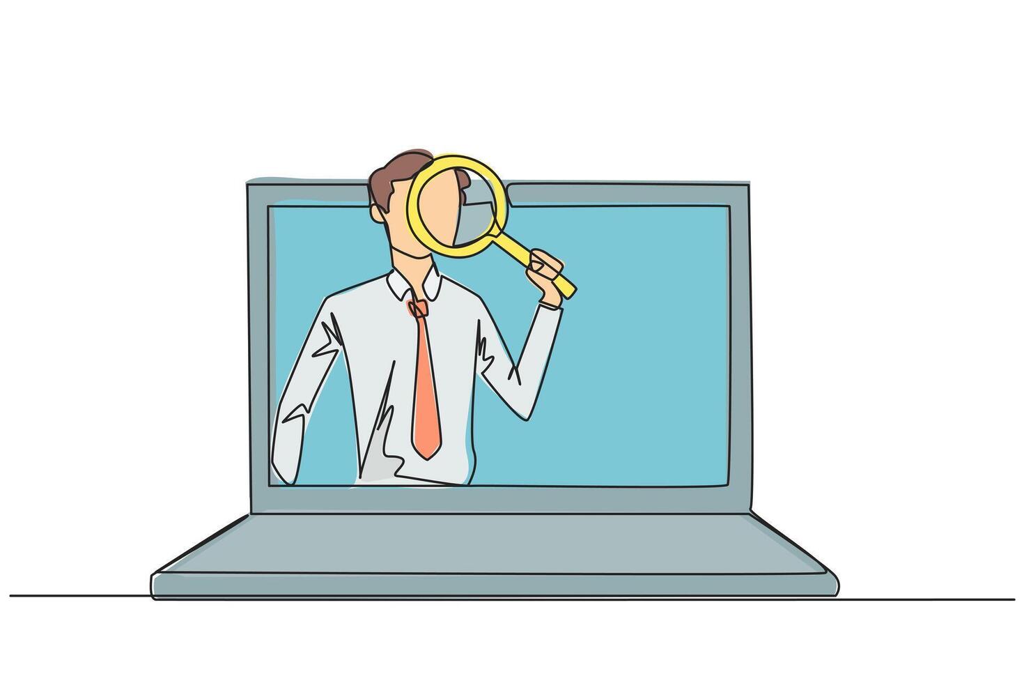 Continuous one line drawing of businessman came out of the laptop screen holding the magnifier. Finding online networking to sustain his business. Relationship. Single line draw illustration vector