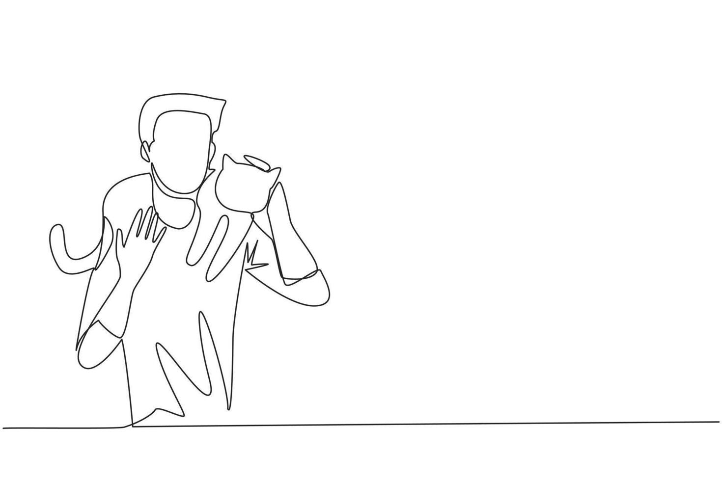 Continuous one line drawing of young energetic man hugging and carrying beloved cat on his shoulder. Happy young man playing with his beloved cat. Animal lovers. Single line draw illustration vector