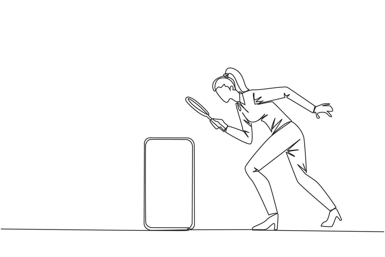 Continuous one line drawing businesswoman holds magnifying glass look at smartphone. Take advantage of latest technology for convenience of doing business. Single line draw design illustration vector