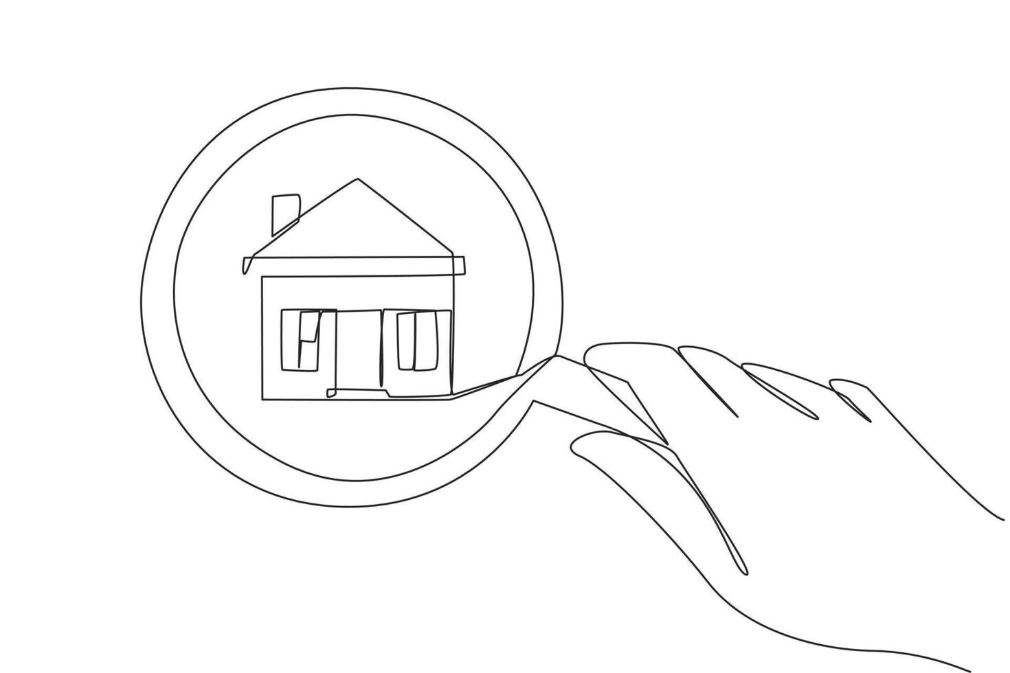 Continuous one line drawing big hand holding magnifying glass highlights the miniature house. Targeting a luxury house to be used as a self reward. Victory. Single line draw design illustration vector