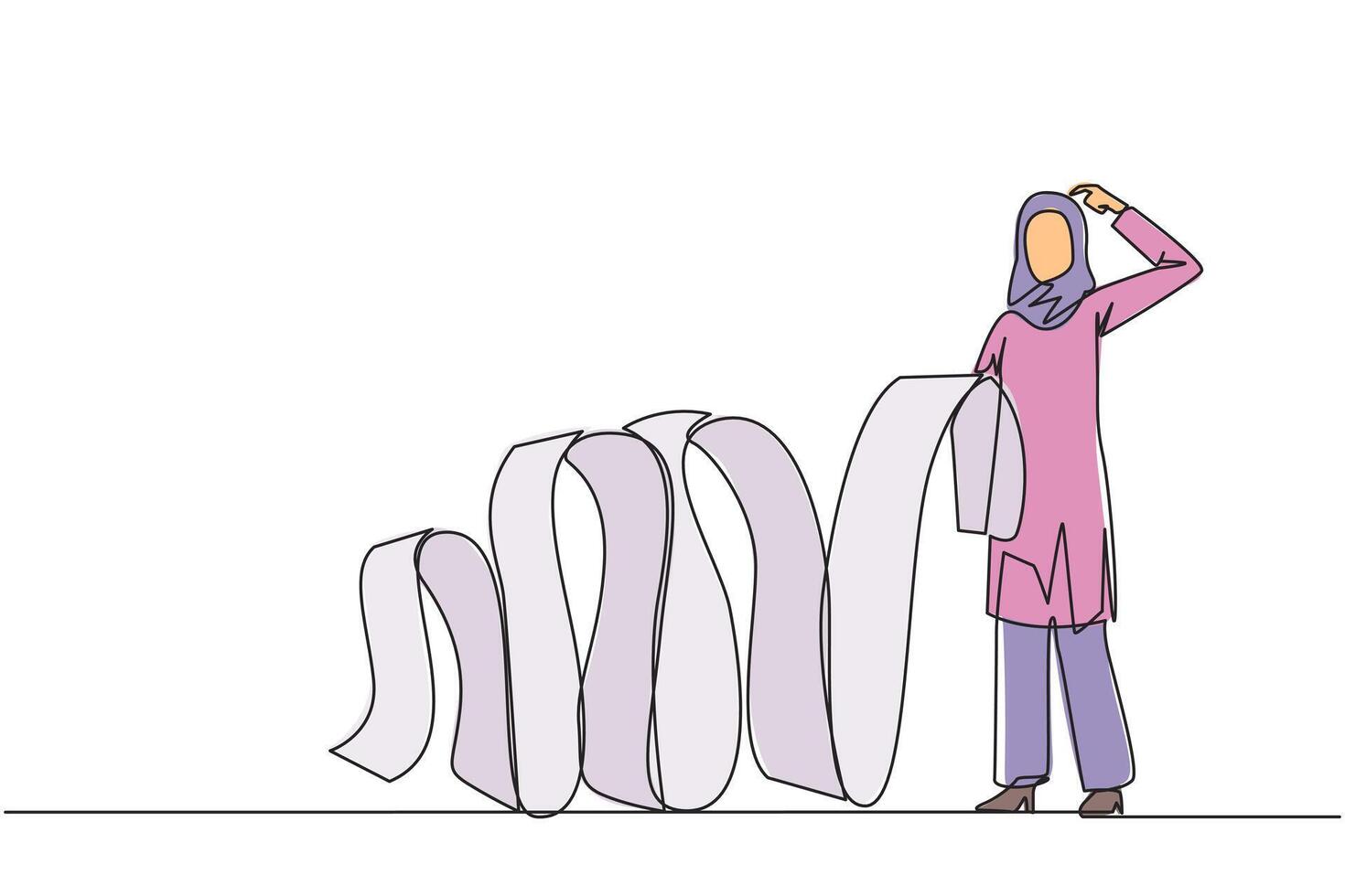 Single one line drawing Arabian businesswoman holding a long billing paper dangling to the floor, one of her hands scratching head. Confused how to pay the bill. Continuous line graphic illustration vector