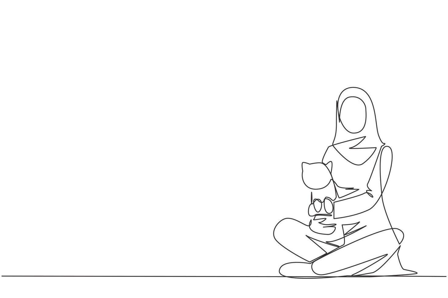 Single one line drawing of young Arabian woman sitting cross-legged hugging a little cat. She loves the cat because it has been taken care of since the cat was born. Continuous line design graphic vector