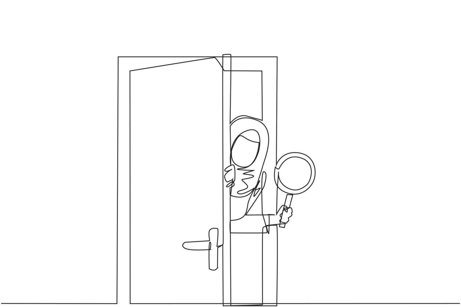 Continuous one line drawing Arabian businesswoman came out from behind the door holding a magnifier. Invite business partners to join so that the business is stronger. Single line draw design vector