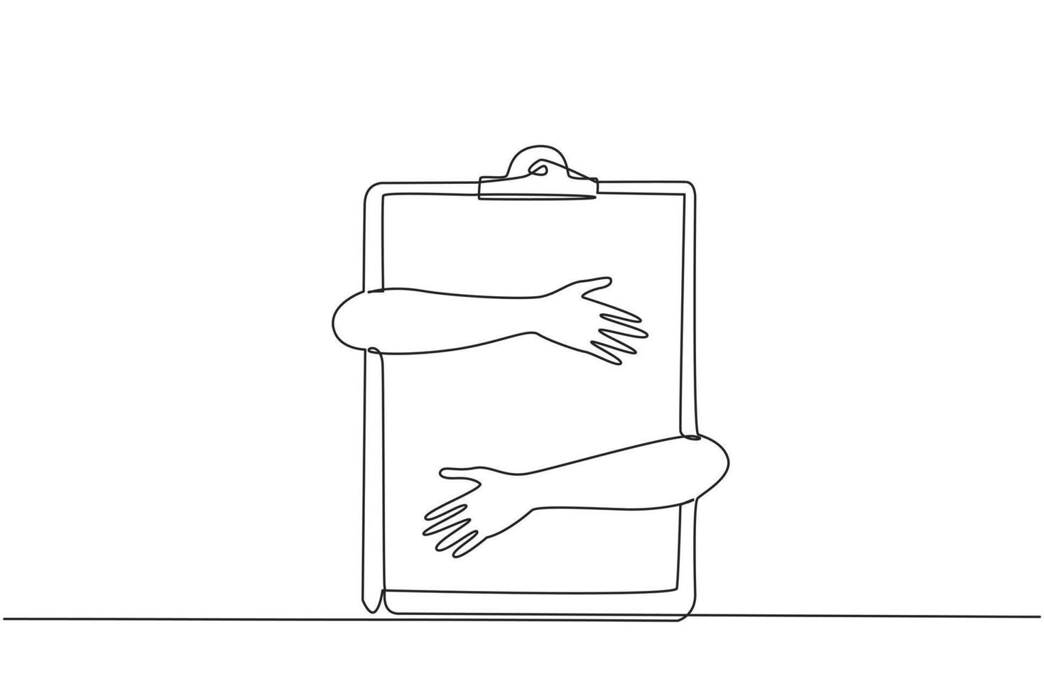 Single one line drawing of hands hugging clipboard. Effective daily planning and time management to reach a lot of opportunity to success in business. Continuous line design graphic illustration vector