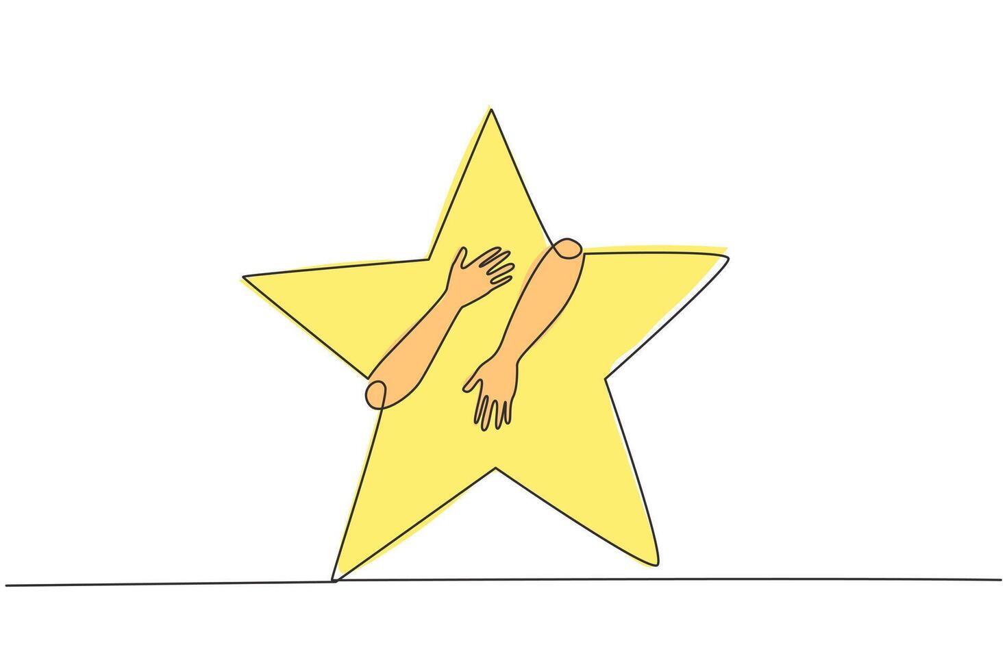 Continuous one line drawing of hands hugging five pointed star. Successfully touching the stars means succeeding in making business fly as high as the stars in the sky. Single line draw design vector