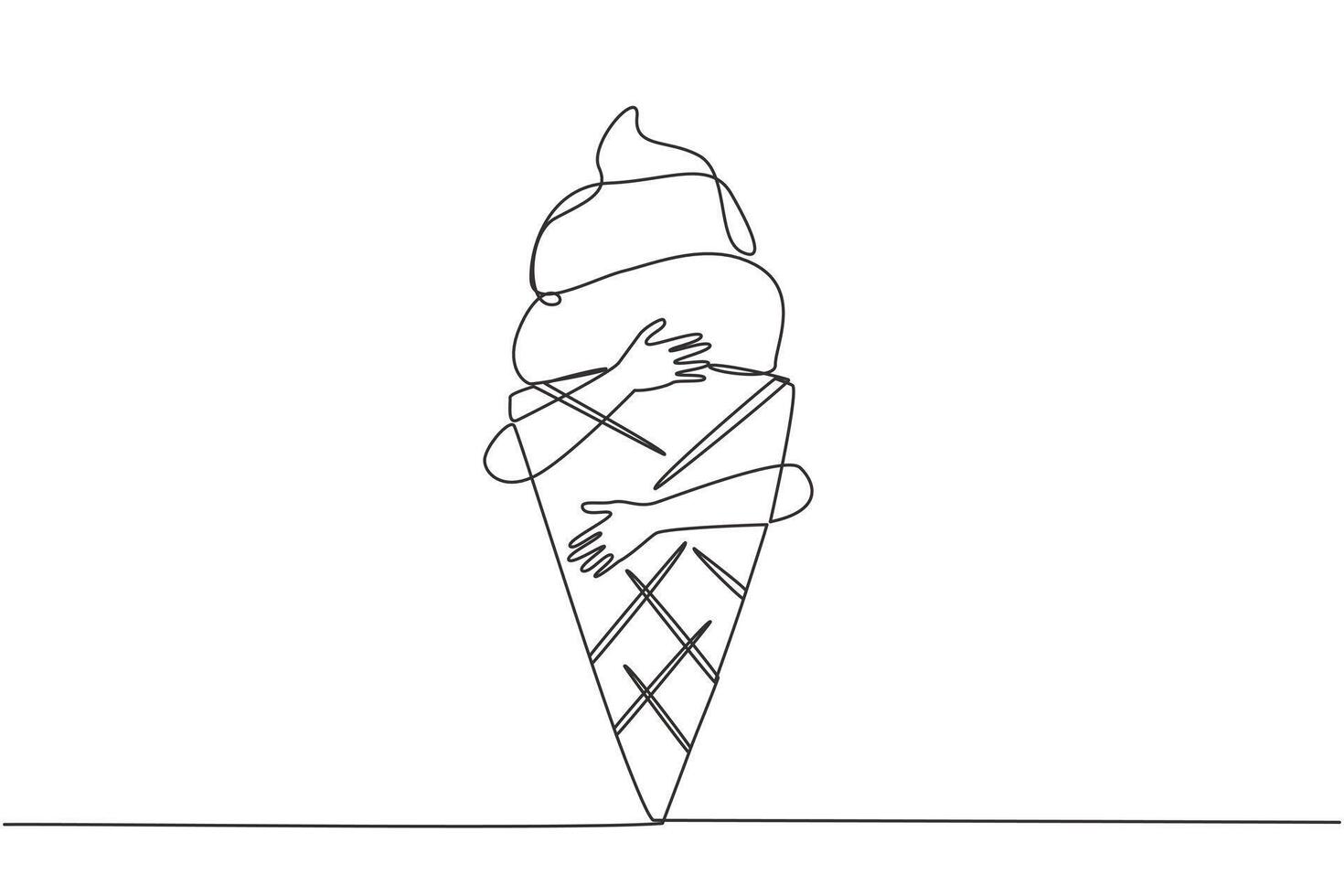 Single one line drawing human hands hugging ice cream. Snacks with high sugar levels are not good for the health of body. The first cones were produced in 1896. Continuous line graphic illustration vector