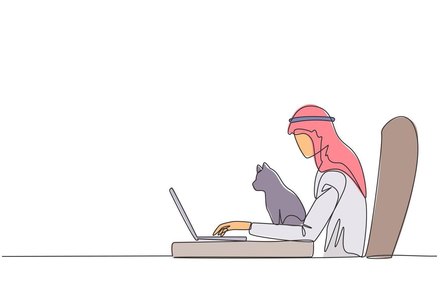 Single continuous line drawing of young Arabian man sitting in a gaming chair playing a game on a laptop. Putting the beloved cat on the laptop while stroking it. One line design illustration vector