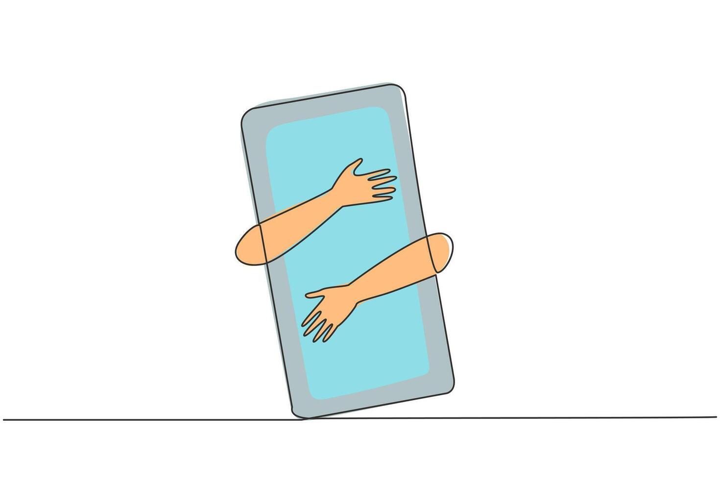 Single continuous line drawing hands hugging handphone. Entrepreneurs buy new handphone with high specifications to support daily activities. Gadgets make performance easier. One line design vector