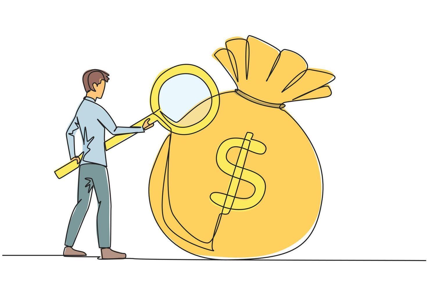 Single continuous line drawing businessman stood checking out giant money bag with magnifier. A person's success depends on the number of money bags collected. One line design illustration vector