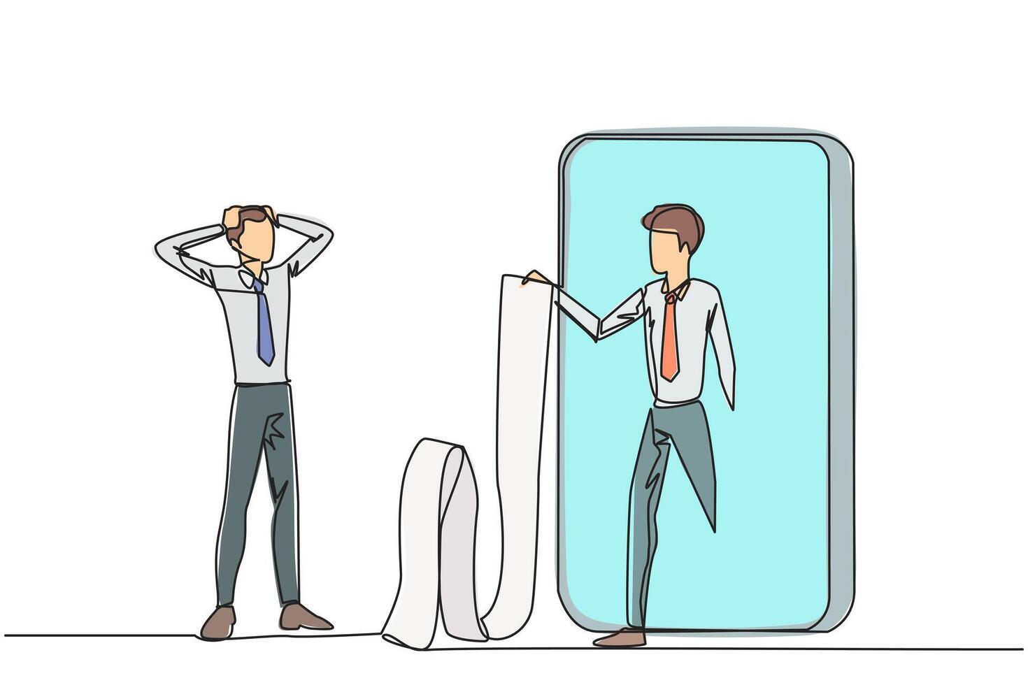Single one line drawing of businessman standing holding head facing businessman getting out of big smartphone holding long bill. Surprised by number of bills from business partners. Continuous line vector