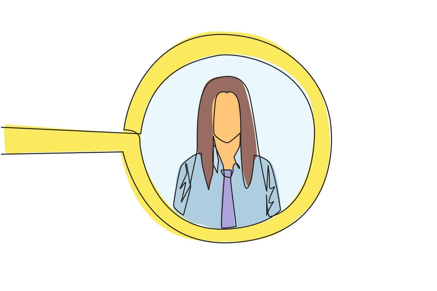 Single continuous line drawing the circle of magnifiers highlights to young successful businesswoman. Resembles an avatar for a photo on social media. Victorious. One line design illustration vector