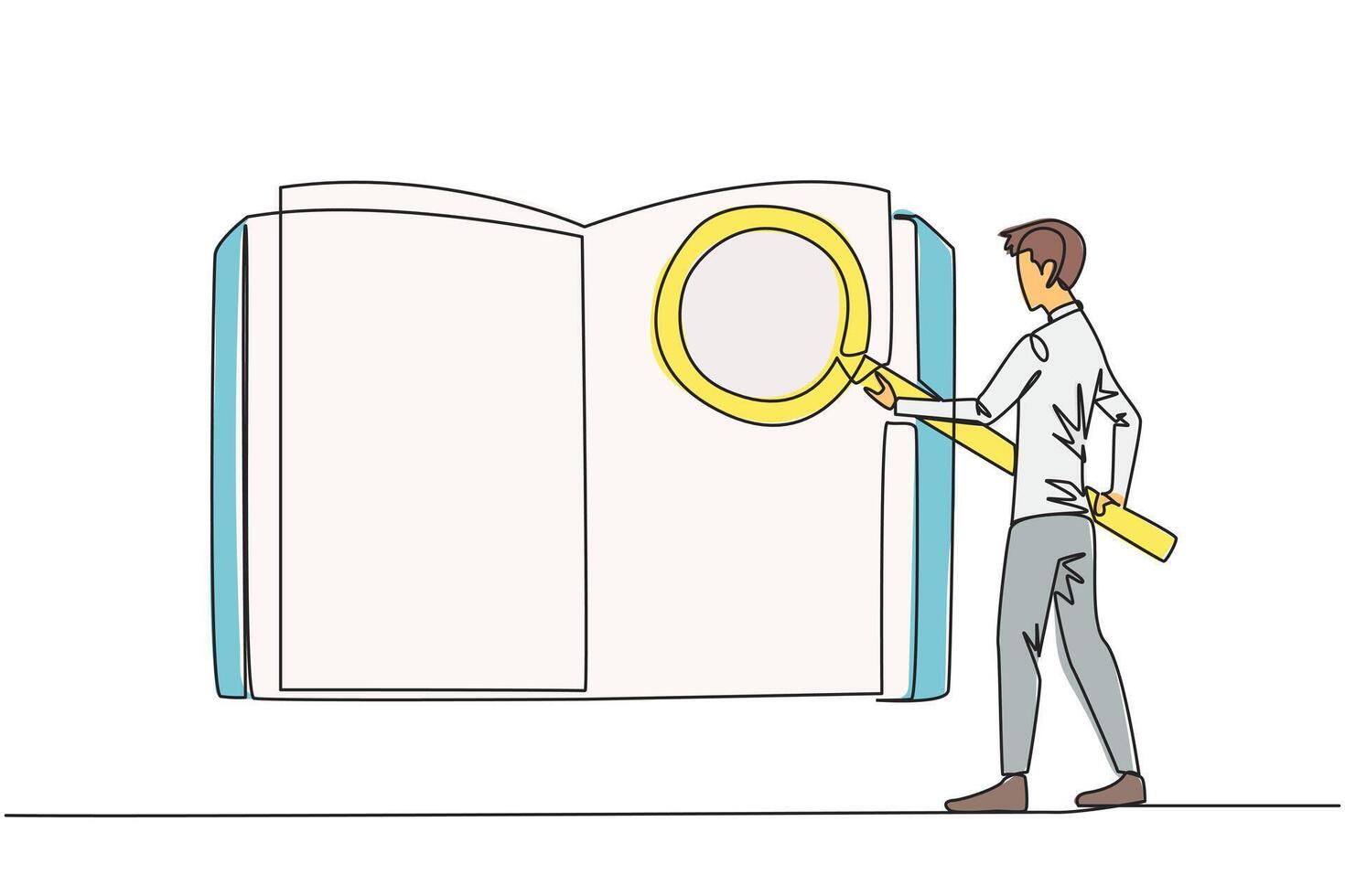 Single continuous line drawing of businessman stood holding the magnifier and checked the open book. Looking for valid information and data so that the business grows. One line illustration vector