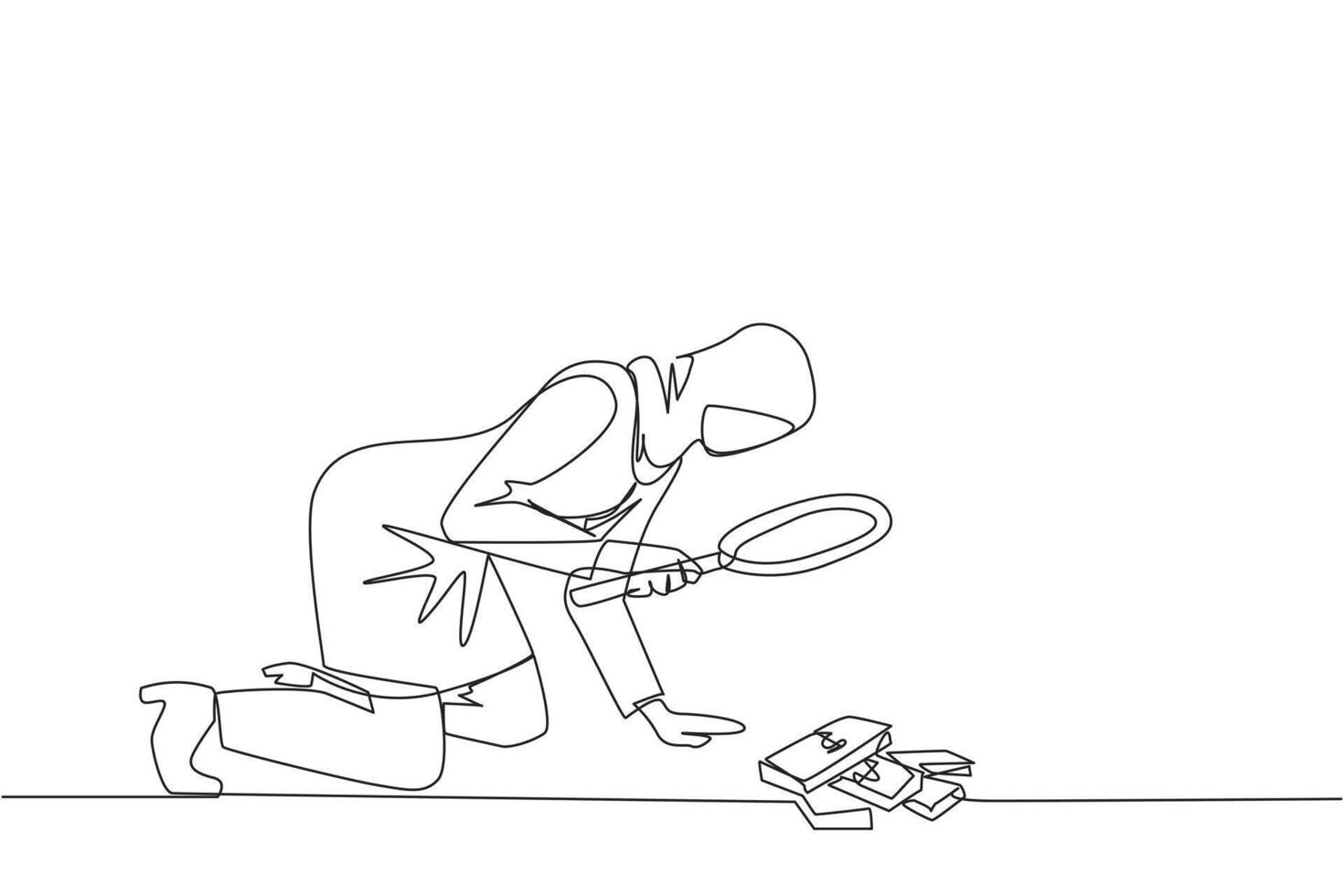 Single one line drawing Arabian businesswoman looked down examining piles of banknotes with magnifiers. Businesswoman who know the rules, don't take what doesn't belong. Continuous line design graphic vector