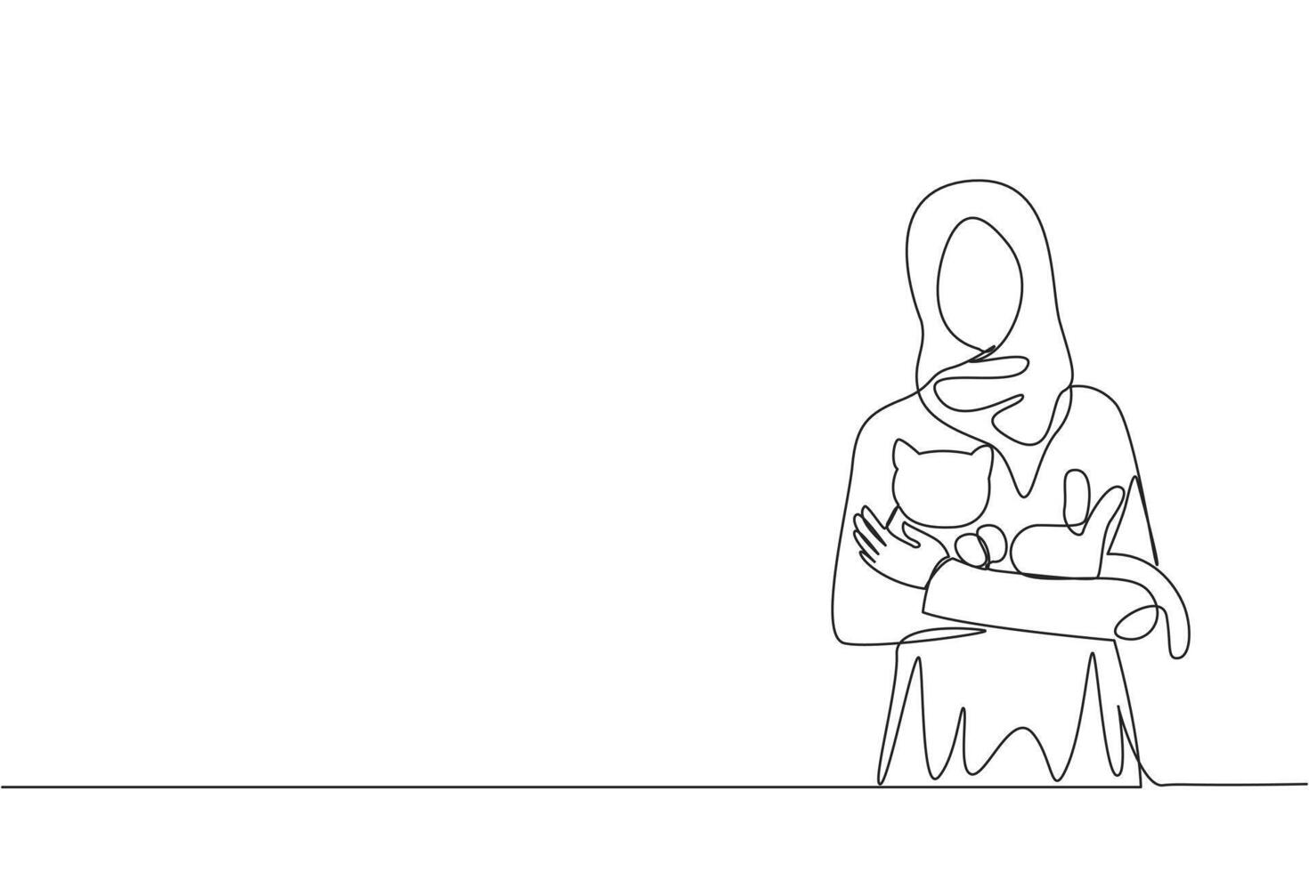 Continuous one line drawing of young Arabian woman holding a cuddle funny cat in front of her chest. Happy woman stroking cat. Love animals with all heart. Single line draw design illustration vector