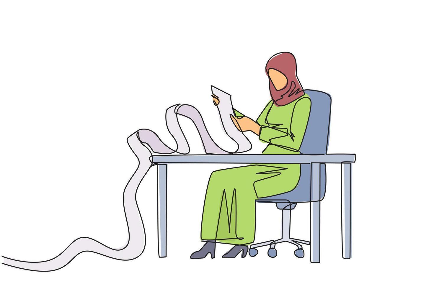 Continuous one line drawing Arabian businesswoman sitting in work chair holding roll of billing paper. Monthly recurring bill payment. Employee salary bills and other payments. Single line draw vector