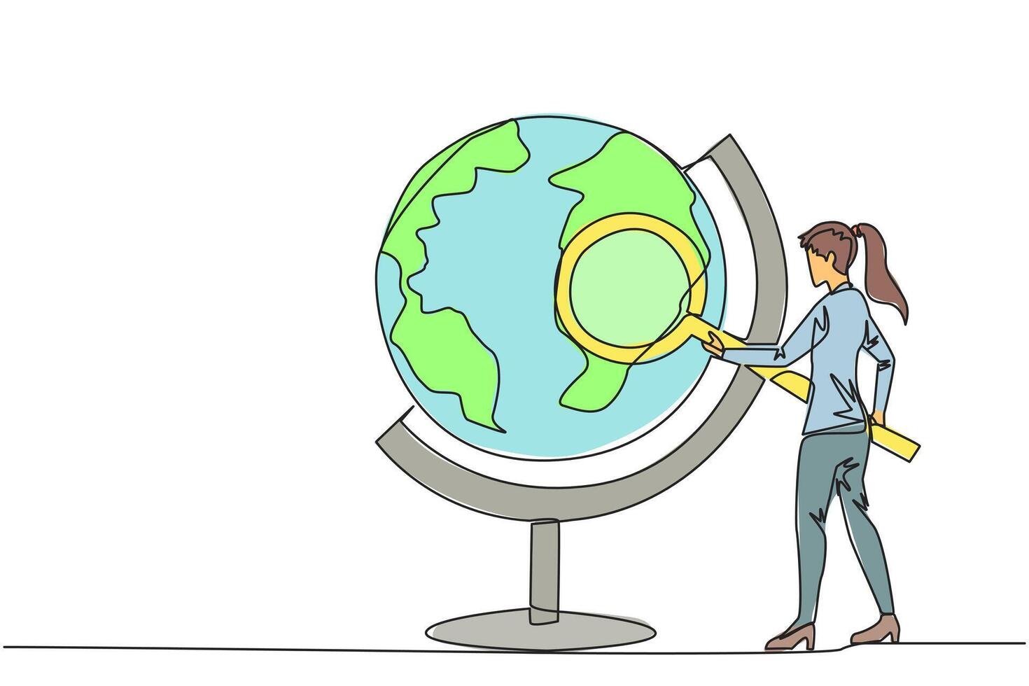 Single one line drawing of businesswoman stood holding the magnifier and inspected the globe. Map out good territory to create and develop new ventures. Continuous line design graphic illustration vector