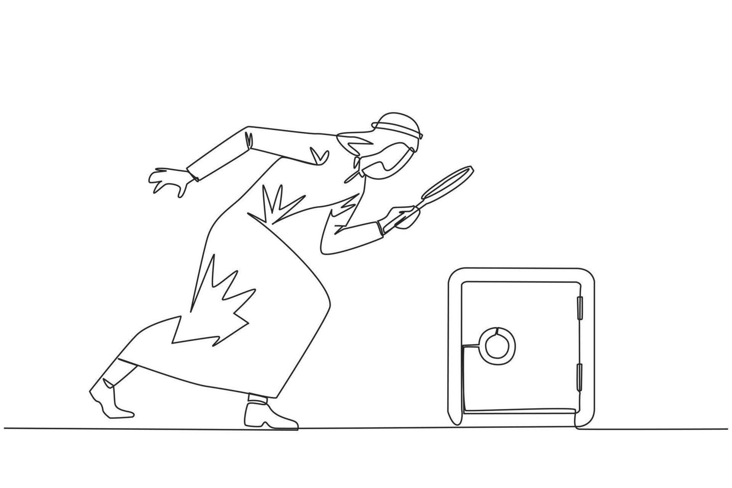 Single one line drawing of Arabian businessman holding magnifying glass highlighting safe deposit box. Finding for the best place of protection to save important data. Continuous line design graphic vector