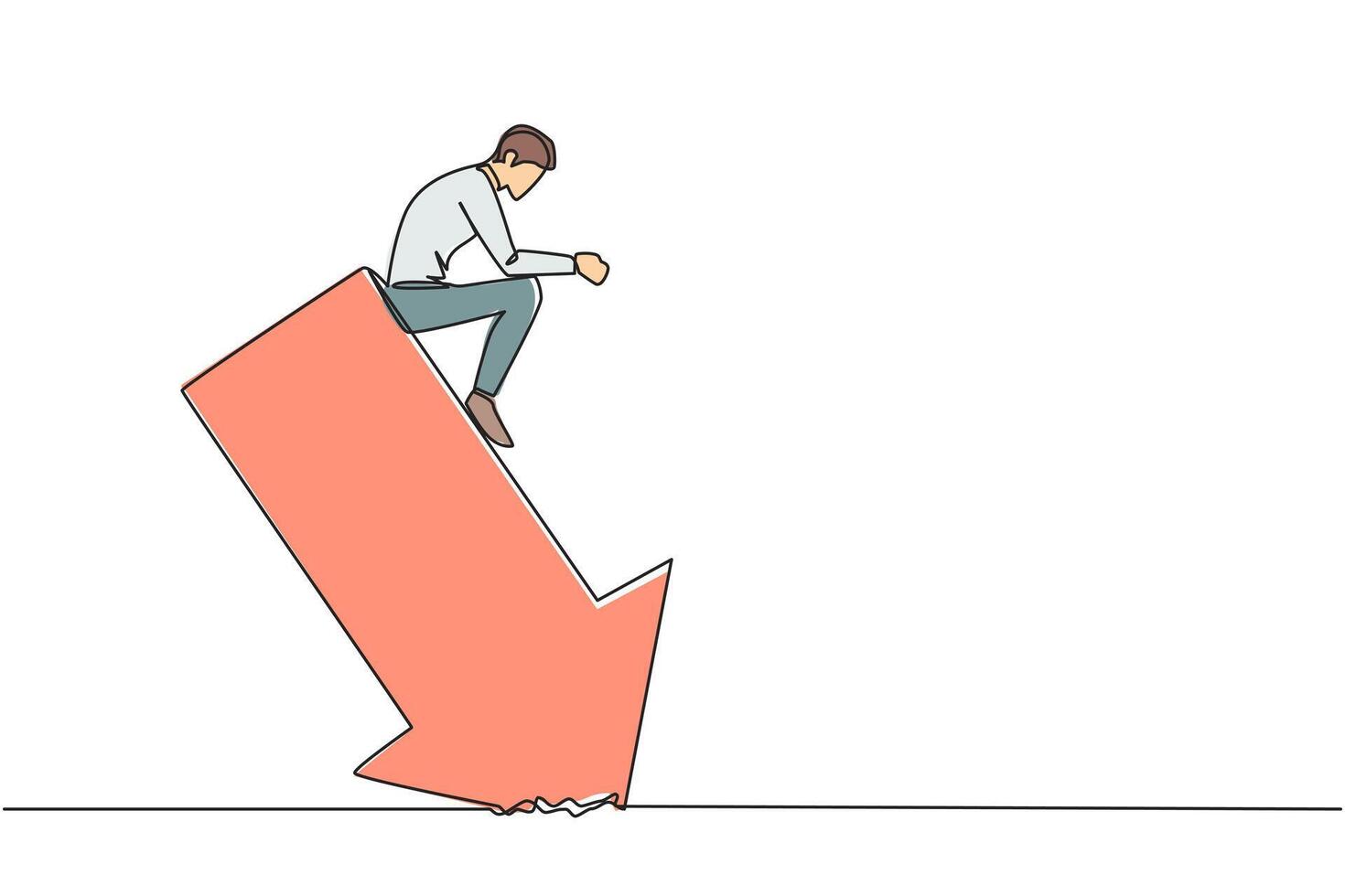 Single one line drawing of sluggish businessman sits downcast on a swooping arrow stuck in the ground. Losses from the stock exchange. Heavy inflation. Continuous line design graphic illustration vector
