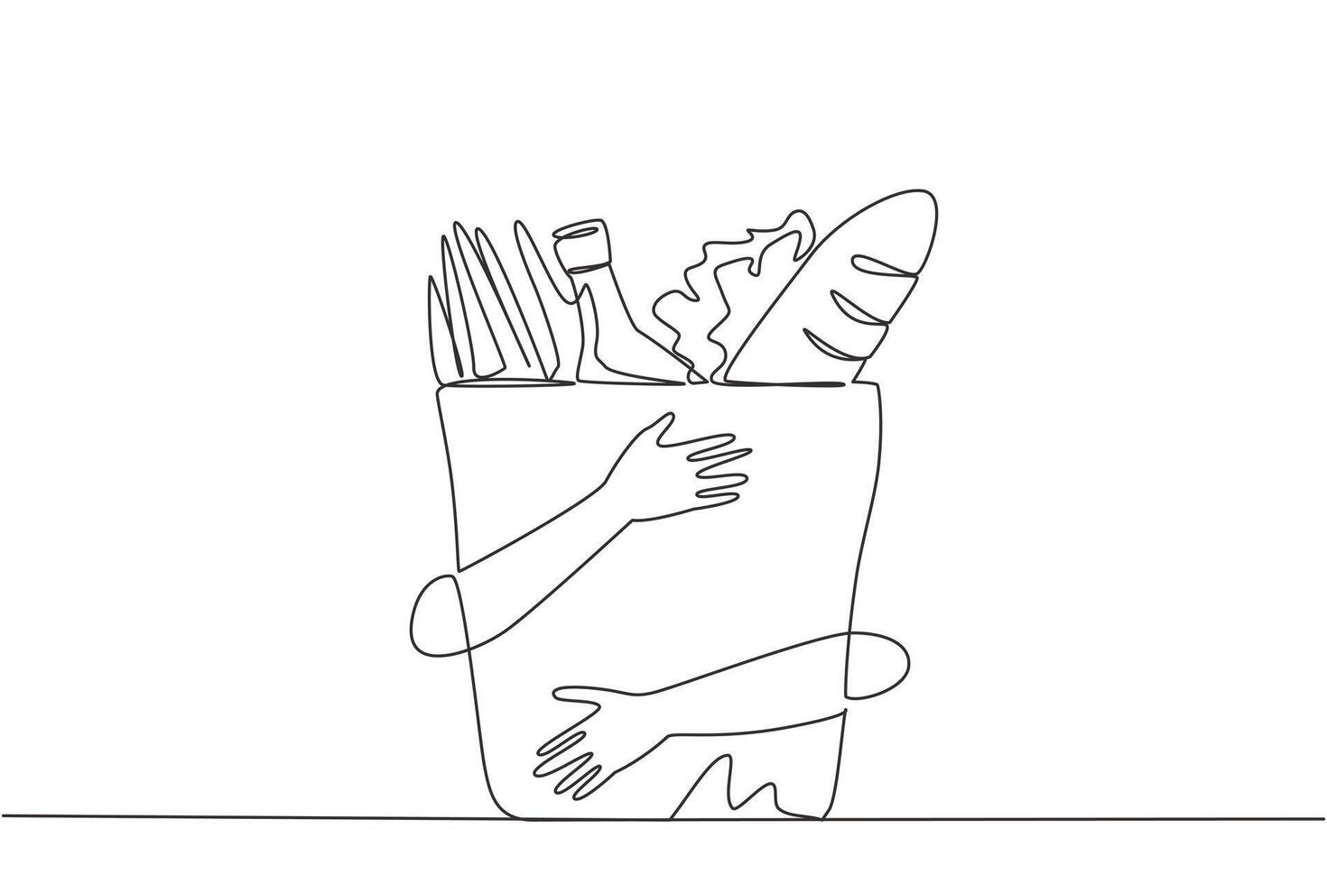 Single one line drawing of hands hugging grocery paper bag. Paper-based bags that are commonly used when shopping for daily needs. Eco-friendly material. Continuous line design graphic illustration vector