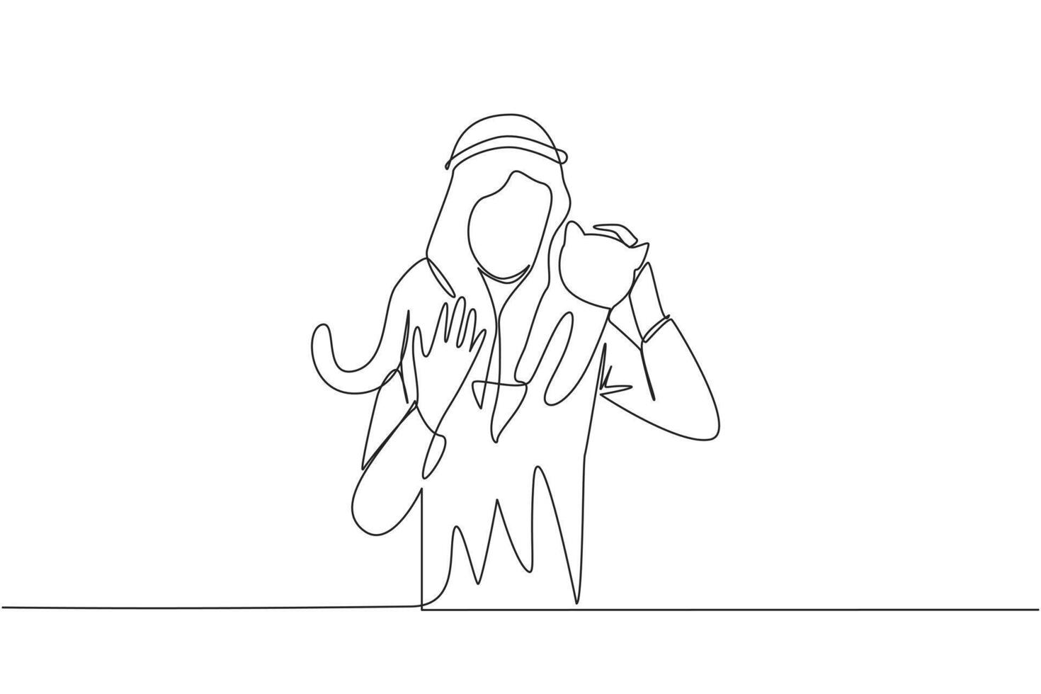 Single continuous line drawing of young energetic Arabian man carrying cat on his shoulders. Happy man hugging his beloved pet on his shoulders. Animal lovers. One line design illustration vector