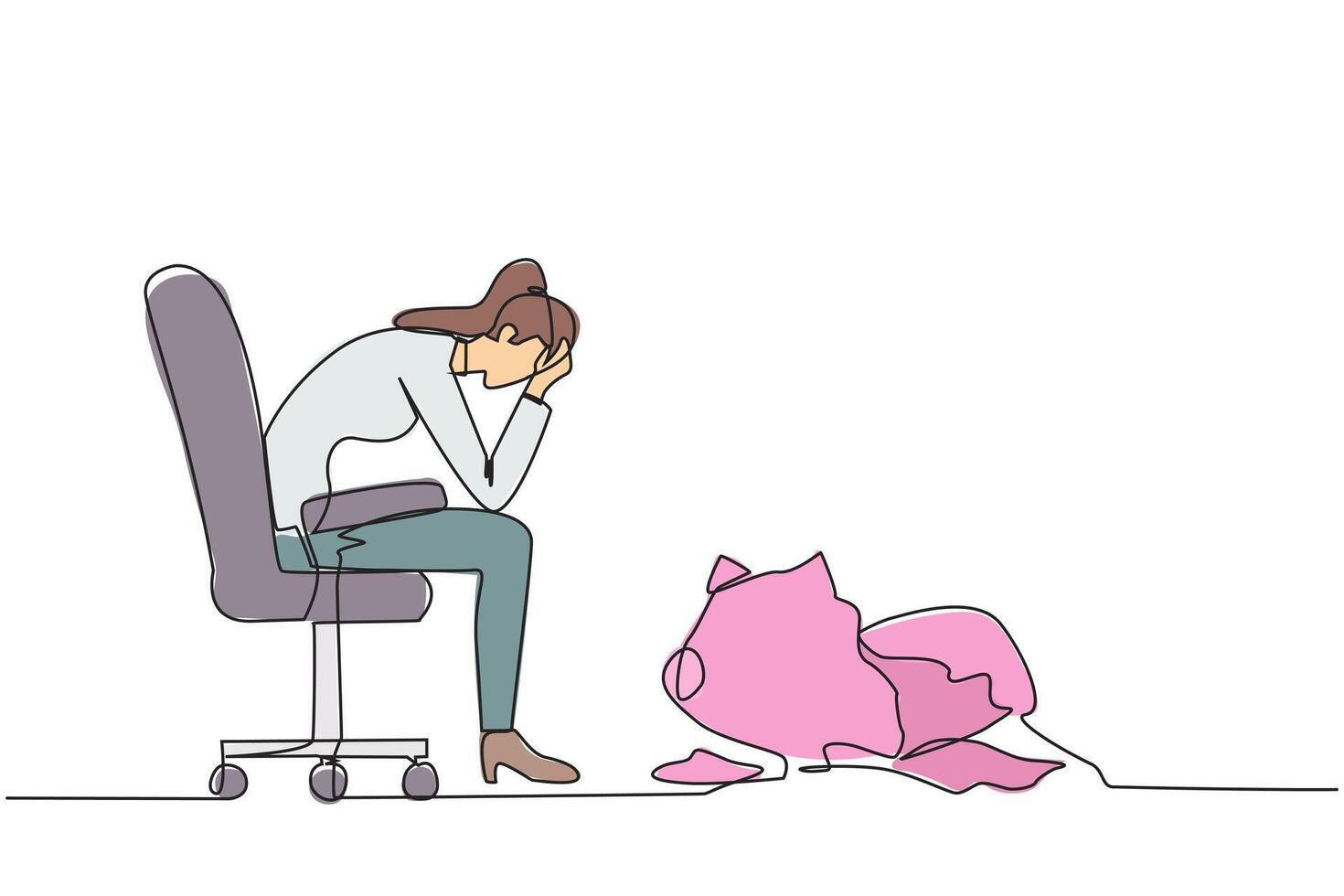 Single continuous line drawing of businesswoman sits pensively on office chair and in front is a broken piggy bank. Failing to save because have to pay large bills. One line design illustration vector