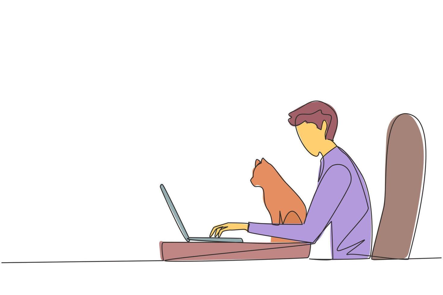 Continuous one line drawing of young energetic man sitting while typing on laptop computer. Hugging a cat while doing homework. Happy man stroking cat. Single line draw design illustration vector