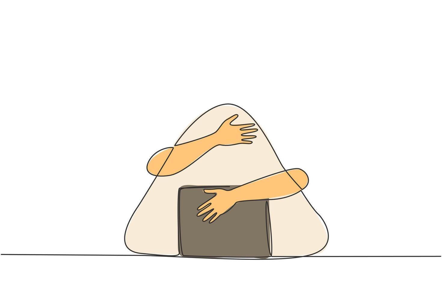 Continuous one line drawing of hands hugging onigiri. The rice is balled up with a layer of seaweed. One of the typical Japanese food which is also famous in the world. Single line draw design vector