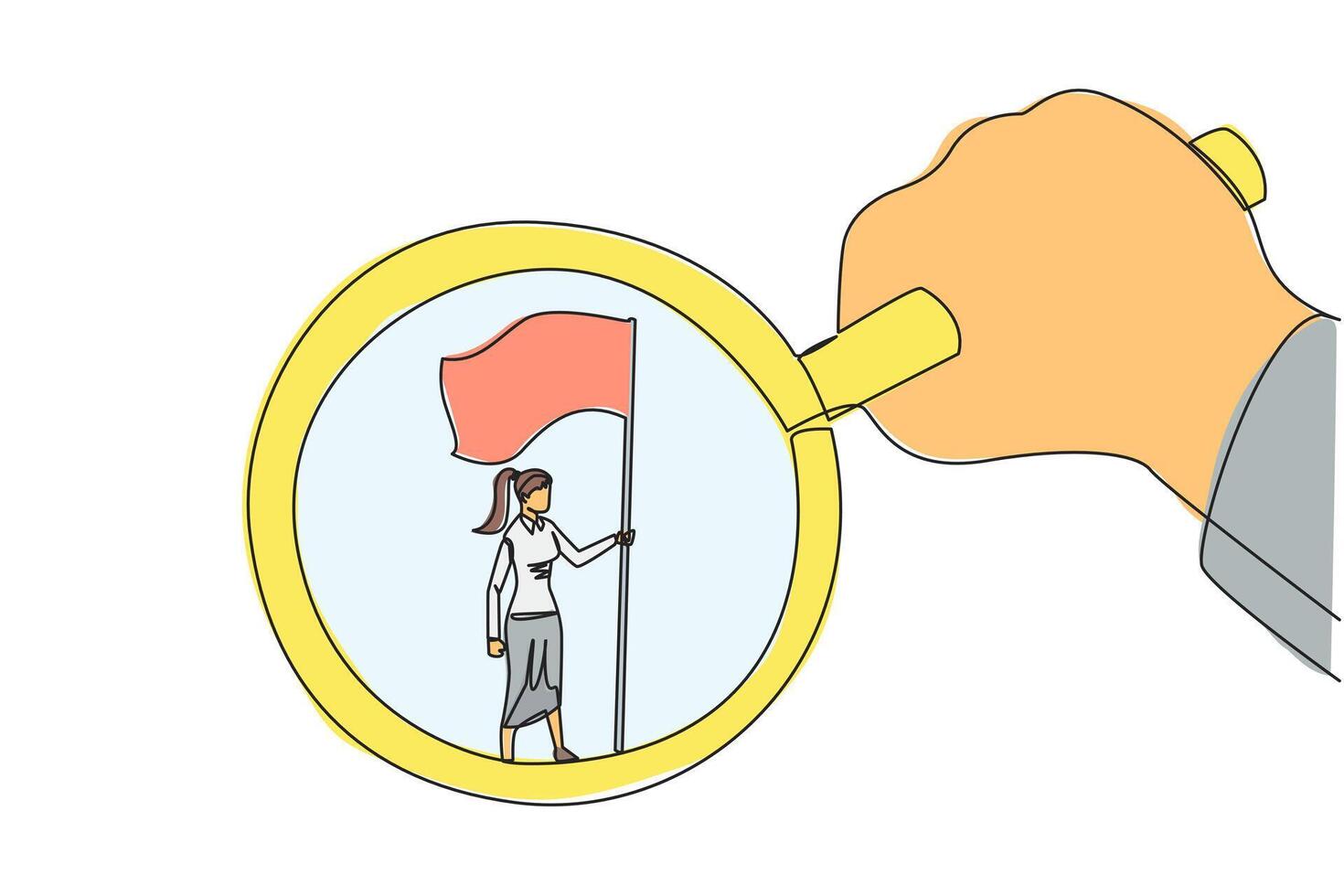Continuous one line drawing of big hand holding the magnifier by highlighting the businesswoman who is standing holding the flag. Symbol of the glory of businesswoman. Single line draw design vector