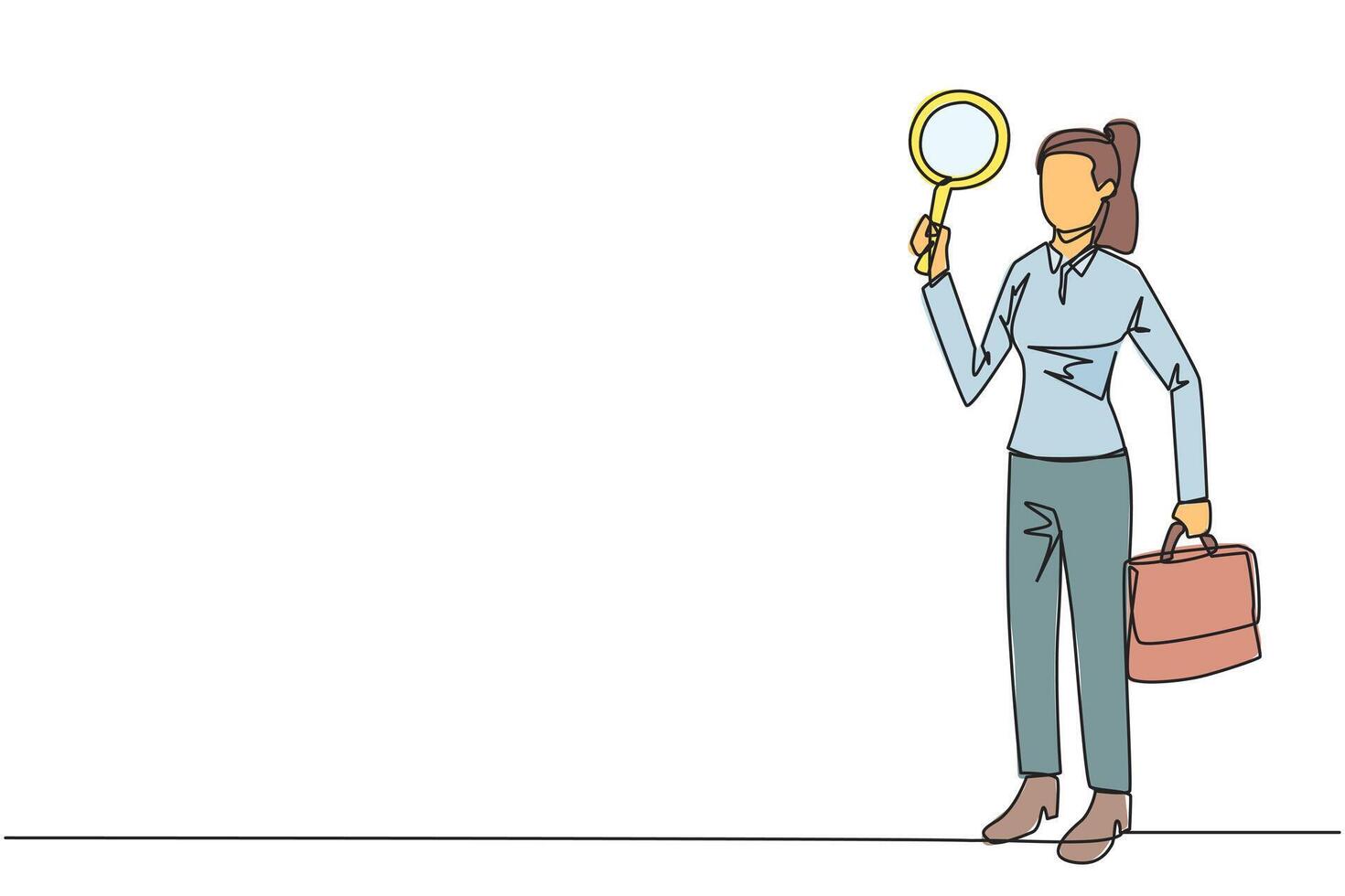 Single continuous line drawing businesswoman holds the magnifier in right hand while in left hand holds a briefcase. Businesswoman who offer cooperation proposals. One line design illustration vector