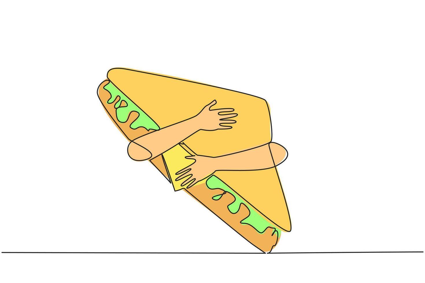 Continuous one line drawing of hands hugging sandwich. Two slices of bread sandwiched between meat, vegetables, cheese and a few other ingredients. Lunch menu. Single line design illustration vector