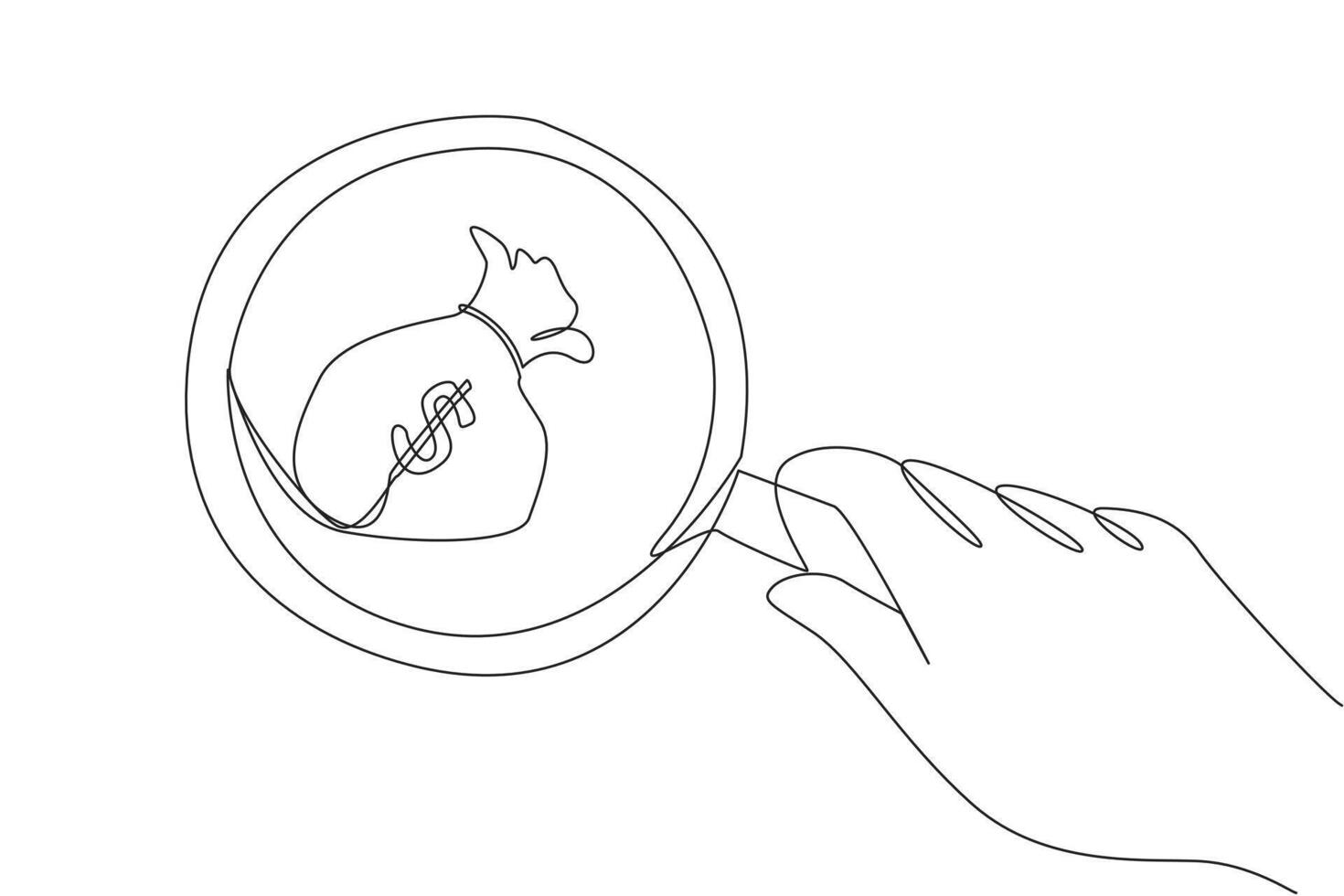 Continuous one line drawing of big hand holding magnifying glass highlights money bag. Focus on business goals to be achieved. A number of money bags will come. Single line design illustration vector
