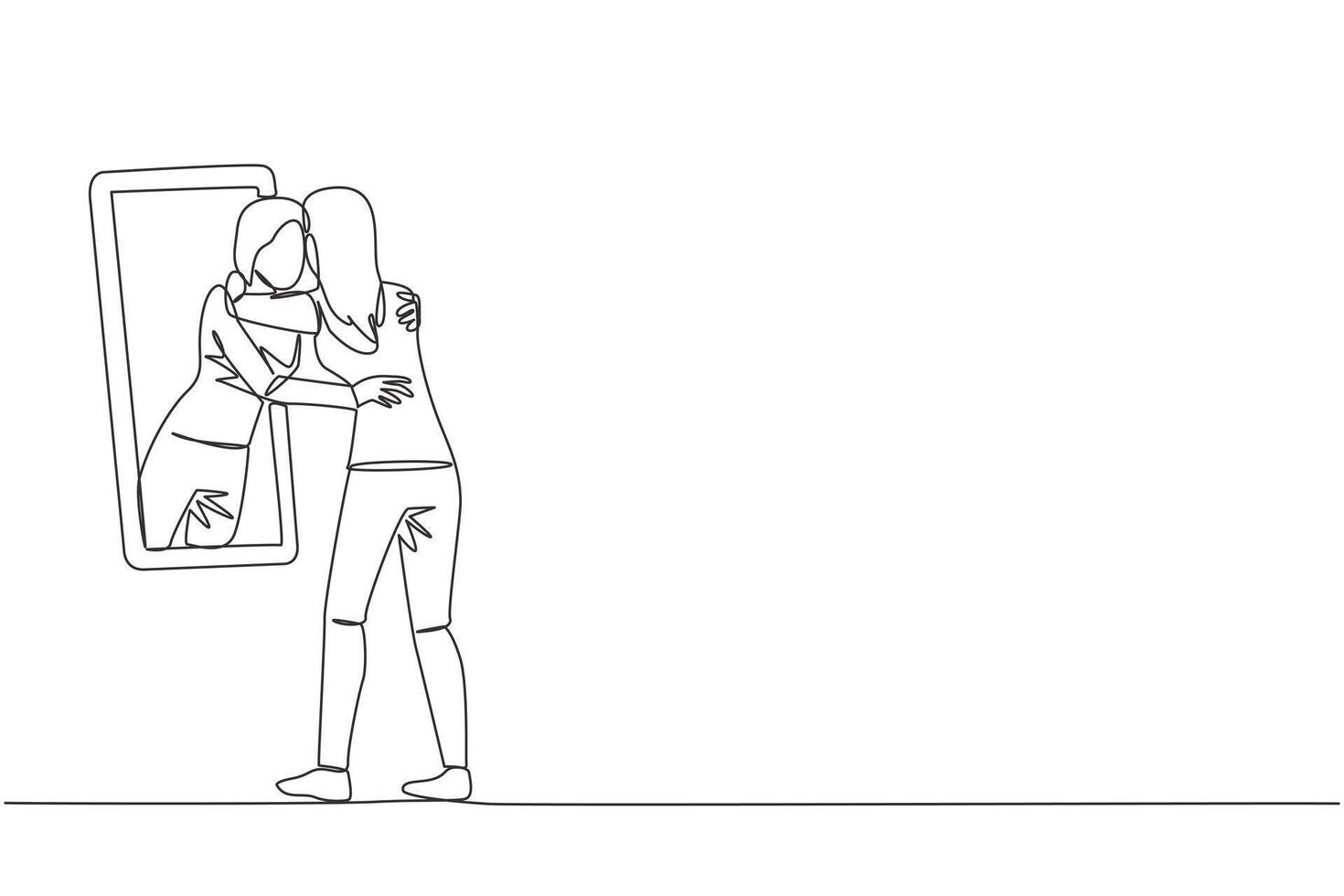 Single continuous line drawing of young beautiful woman stand in front of mirror. Her reflection get out of mirror and hug each other. Caring. Self love concept. One line design illustration vector