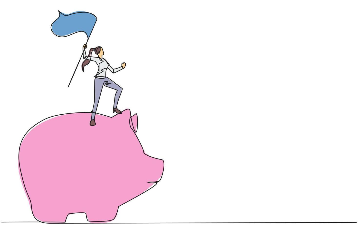 Single one line drawing of successful businesswoman standing on giant piggy bank raising flag. Making investments during the corona pandemic to keep business survive. Continuous line design graphic vector