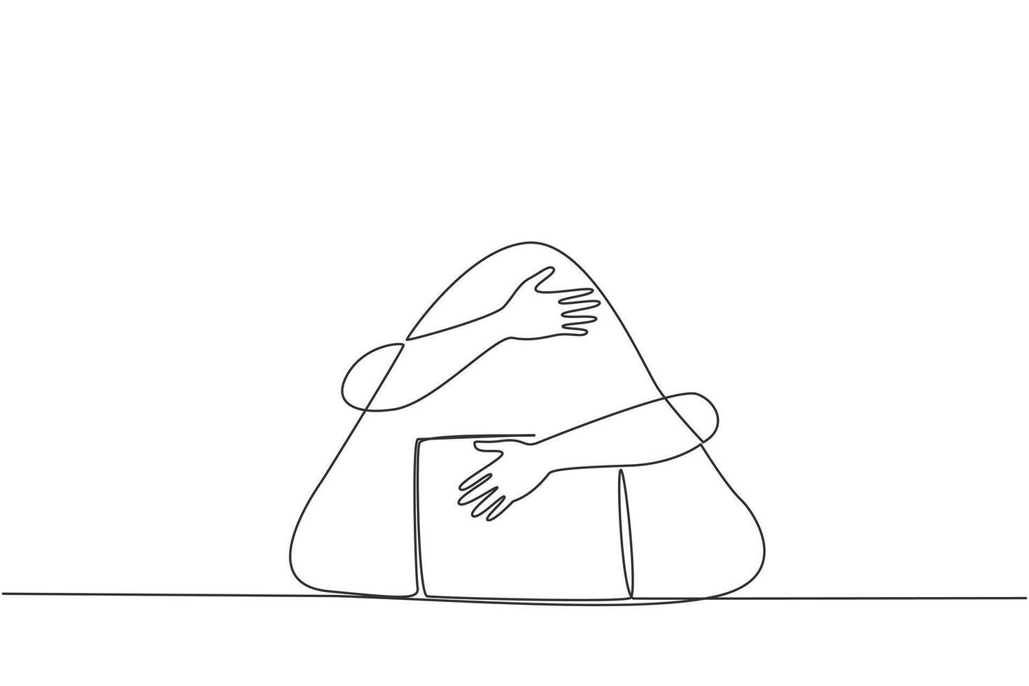 Continuous one line drawing of hands hugging onigiri. The rice is balled up with a layer of seaweed. One of the typical Japanese food which is also famous in the world. Single line draw design vector
