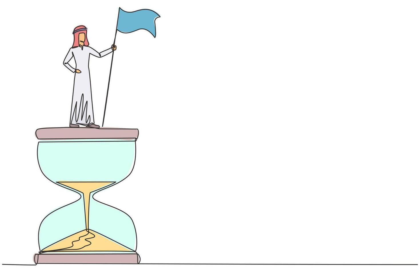Single one line drawing of Arabian businessman standing on giant hourglass holding flag. Business strategy related on time management. Businessman who can manage times well. Continuous line design vector