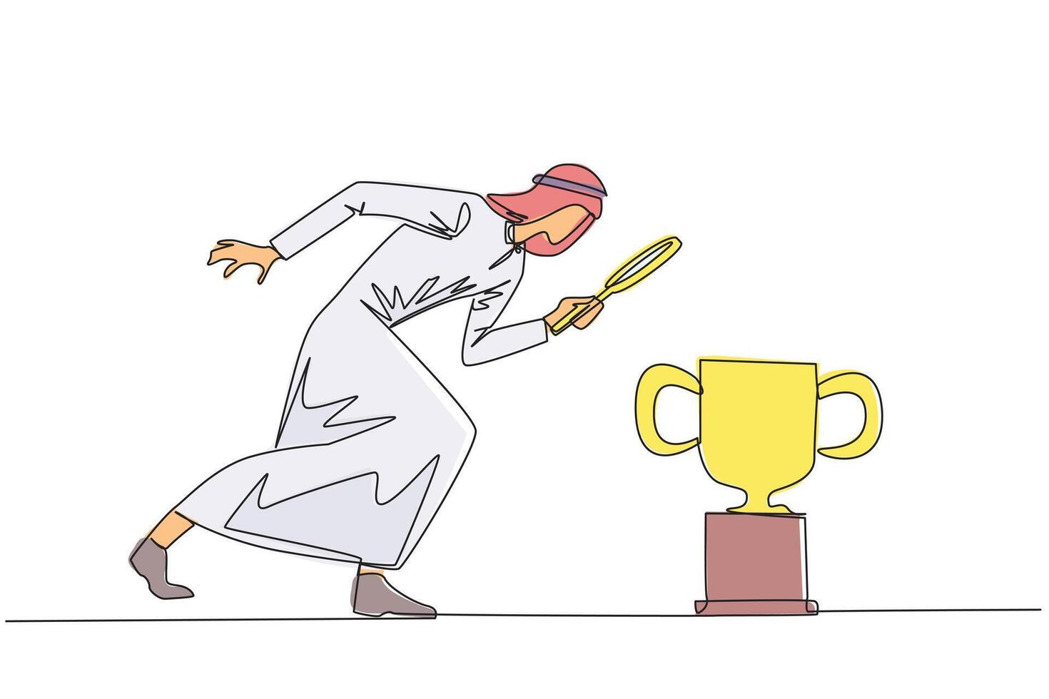 Single continuous line drawing of Arabian businessman holding magnifying glass looking at trophy. Long journey of running a business pays off by finding trophy as reward. One line illustration vector