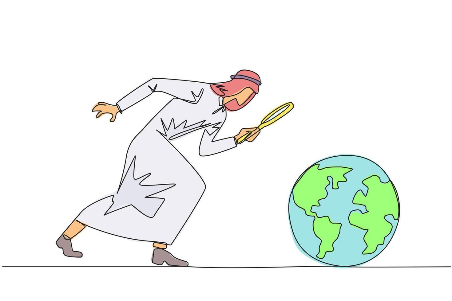 Single one line drawing of Arabian businessman holding magnifying glass looking at globe. Analyze and map the territory to open the new business. Growing business. Continuous line graphic illustration vector