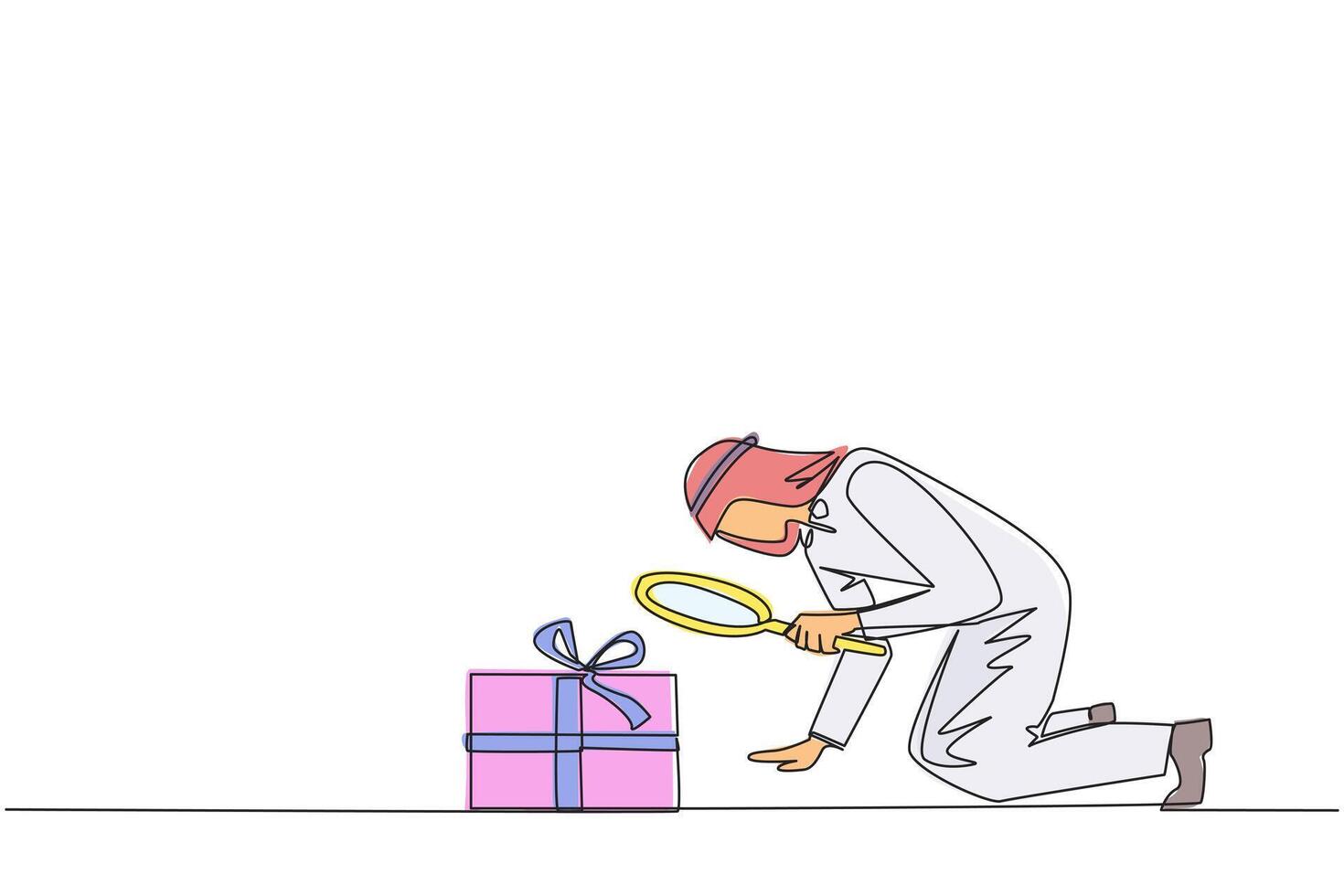 Continuous one line drawing Arabian businessman holding magnifying glass look at gift box. Assign bonuses to employees have high dedication to the company. Single line draw design illustration vector