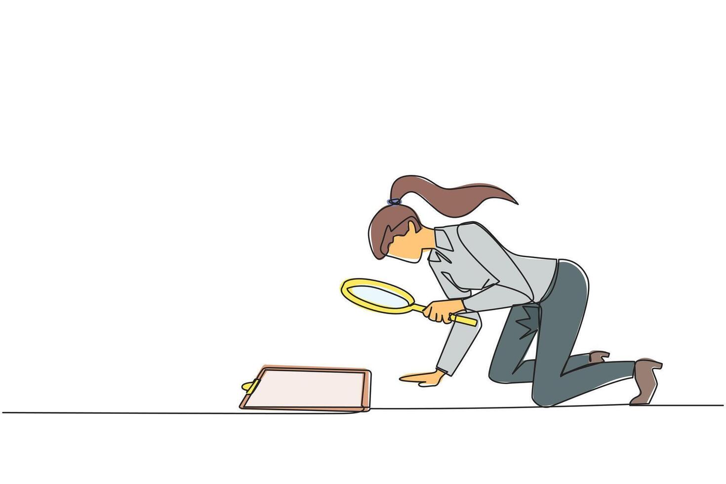 Single continuous line drawing of businesswoman holding magnifying glass look at clipboard. Businesswoman make sure by checking back work that may have been missed. Careful. One line design vector