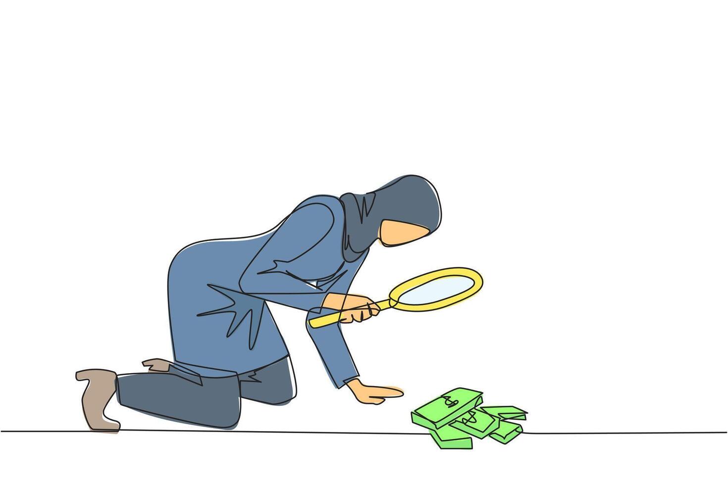 Single one line drawing Arabian businesswoman looked down examining piles of banknotes with magnifiers. Businesswoman who know the rules, don't take what doesn't belong. Continuous line design graphic vector