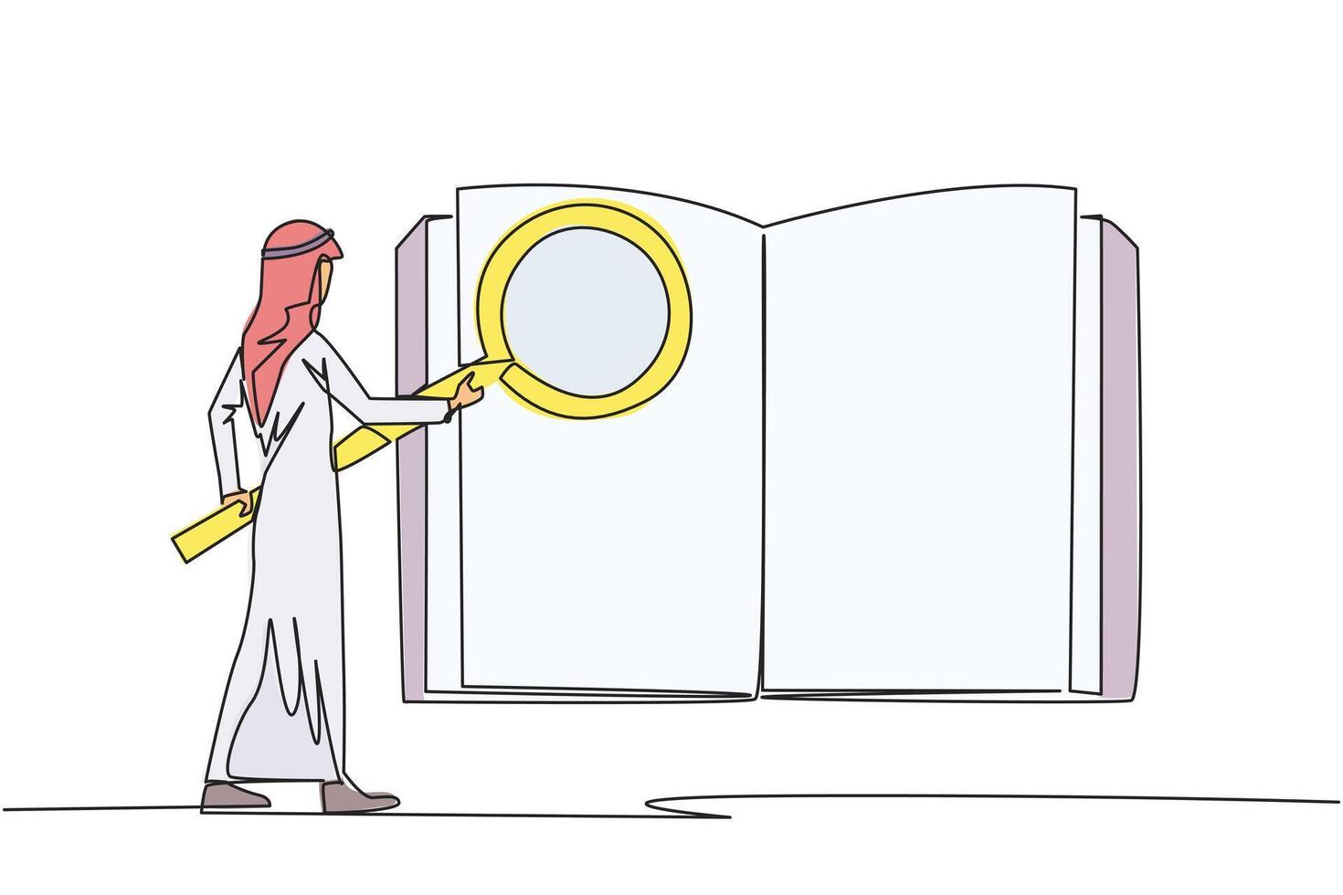 Continuous one line drawing of Arab businessman stood holding the magnifier and checked big open book. Looking for valid information and data so that the business grows. Single line draw design vector