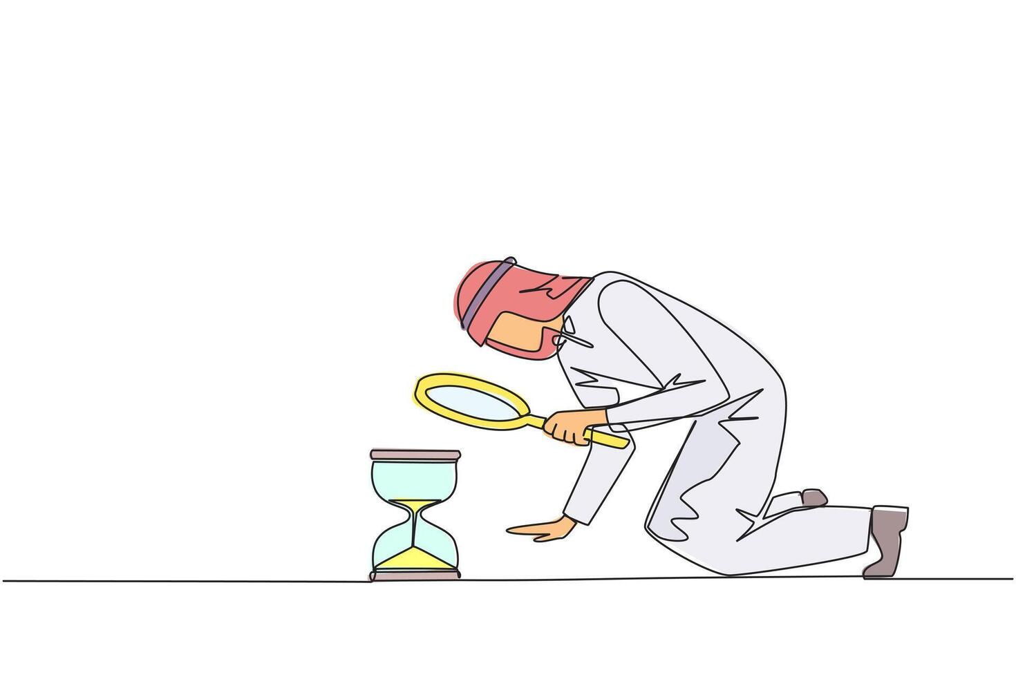 Single continuous line drawing of Arabian businessman holding magnifying glass looking at hourglass. Businessman lack of time to running a business. Bad time management. One line illustration vector