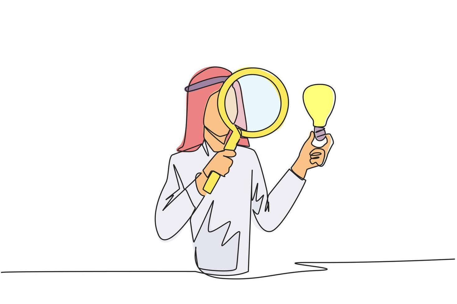 Continuous one line drawing Arabian businessman inspects lightbulb he holds with a magnifier. Analyze existing ideas and select them for new business needs. Single line draw design illustration vector