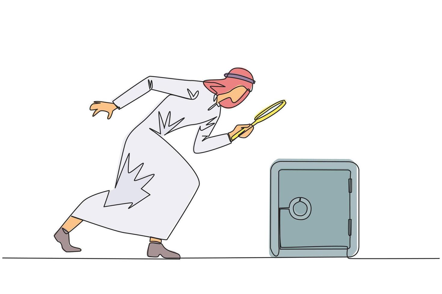 Single one line drawing of Arabian businessman holding magnifying glass highlighting safe deposit box. Finding for the best place of protection to save important data. Continuous line design graphic vector