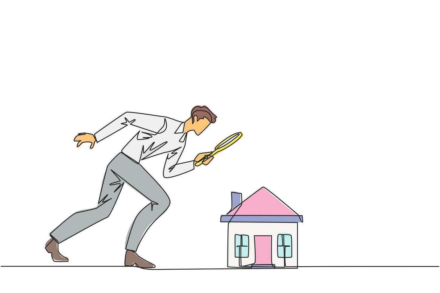 Single one line drawing of young businessman holding magnifying glass looking at miniature house. Get ready to make passive income after viewing a house. Continuous line design graphic illustration vector