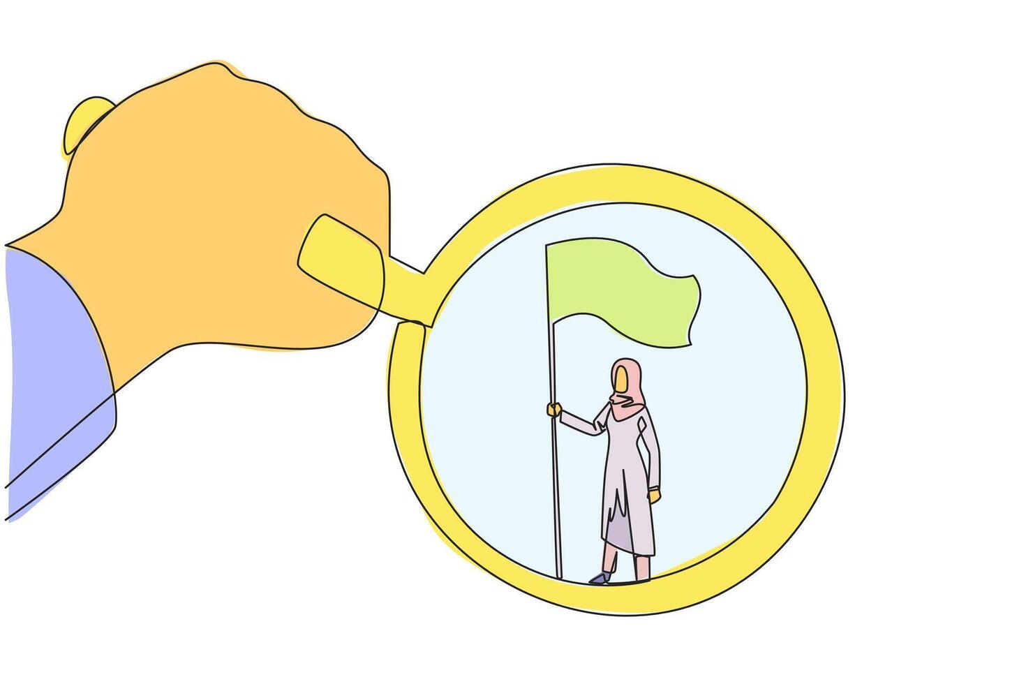 Single one line drawing big hand holding the magnifier by highlighting Arabian businesswoman who is standing holding the flag. A symbol of the glory of a businesswoman. Continuous line design graphic vector
