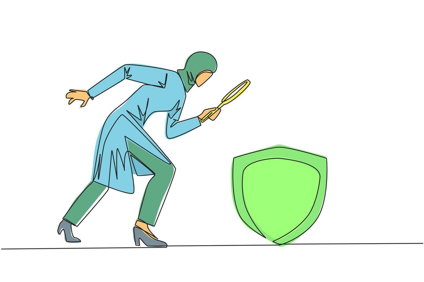 Single continuous line drawing Arabian businesswoman holds magnifying glass look at shield. Establish multiple layers of protection for security of business transactions. One line illustration vector
