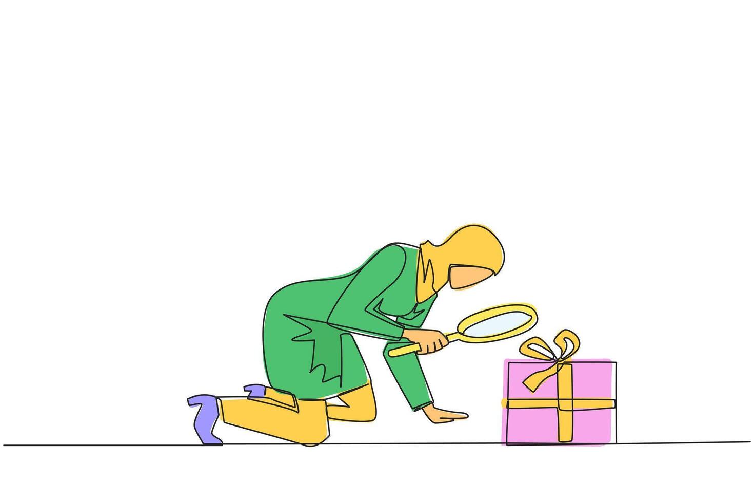 Continuous one line drawing of Arabian businesswoman holding magnifying glass look at gift box. Assign bonuses to employees have high dedication to the company. Single line draw illustration vector