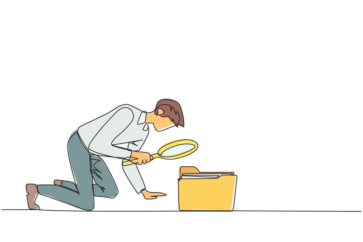 Single one line drawing of businessman holds magnifying glass highlighting folder icon. Look for old files are still important to move to a safer place. Continuous line design graphic illustration vector