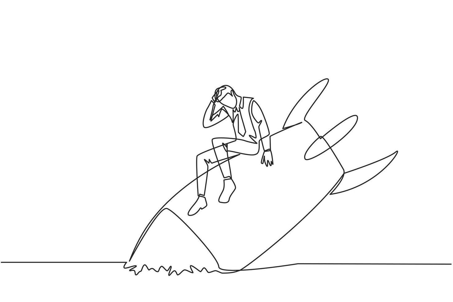 Continuous one line drawing of businessman sits downcast on a swooping rocket stranded and stuck at ground level. The new business was destroyed. Unable to pay bills. Single line draw design vector